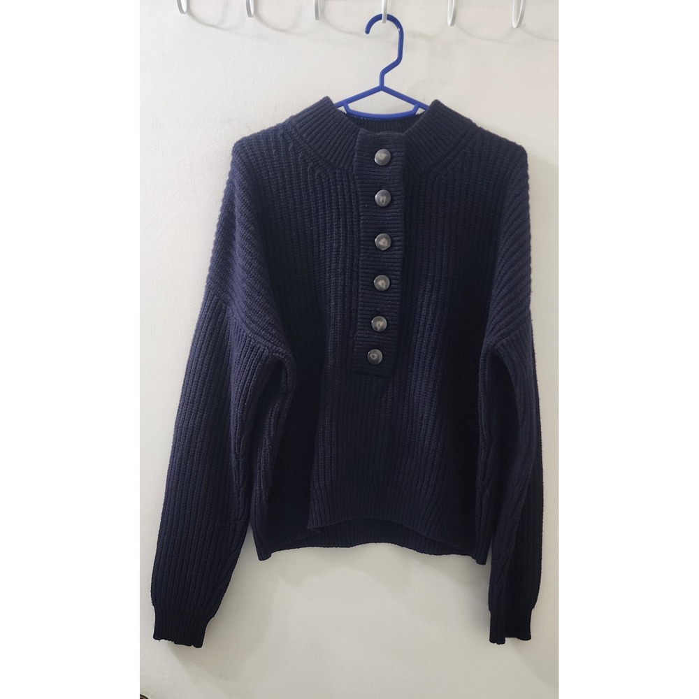 Sezane Lucas Jumper Navy Blue Merino Wool Cotton Rib Knit Button Sweater